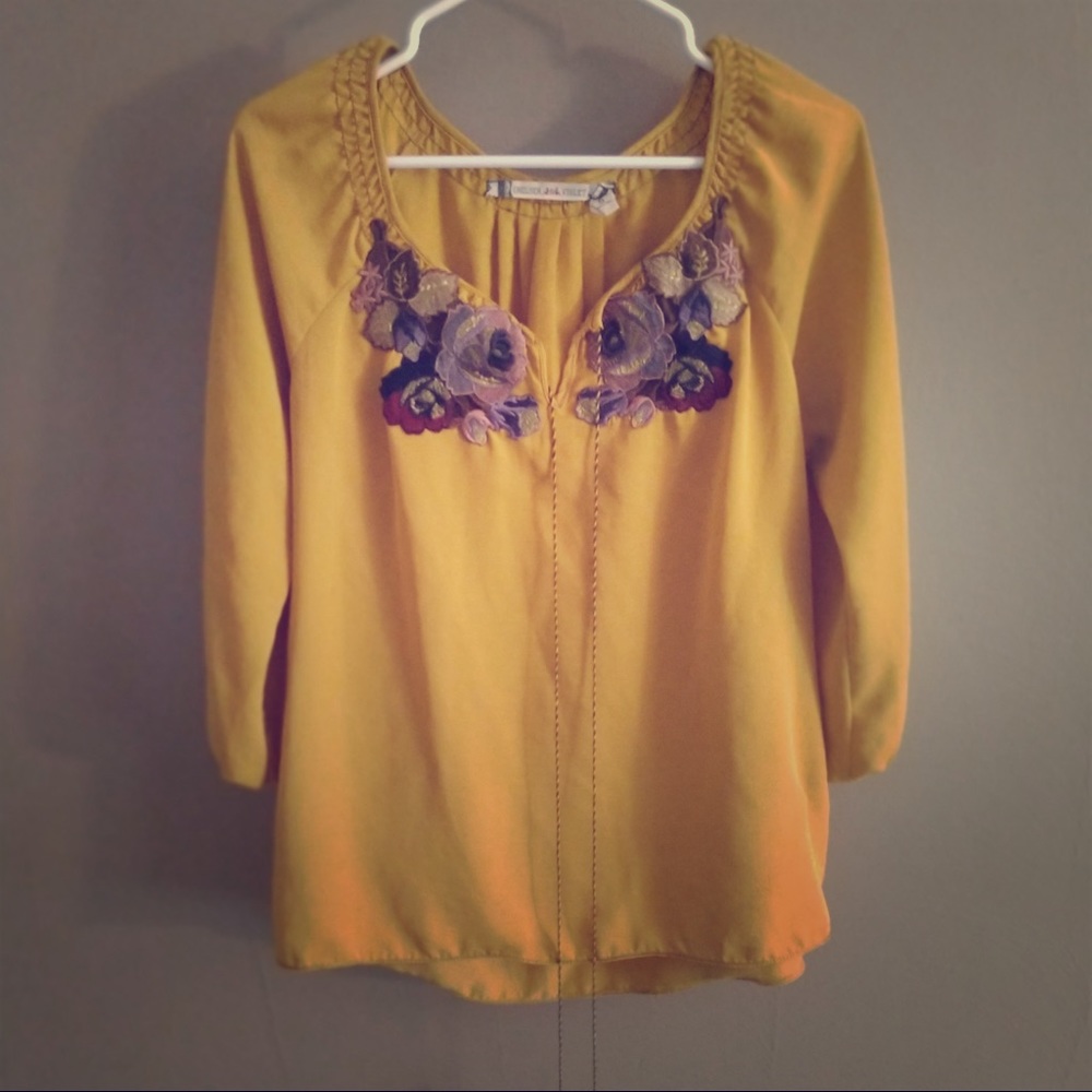 Mustard Yellow Boho Blouse with Floral Embroidery